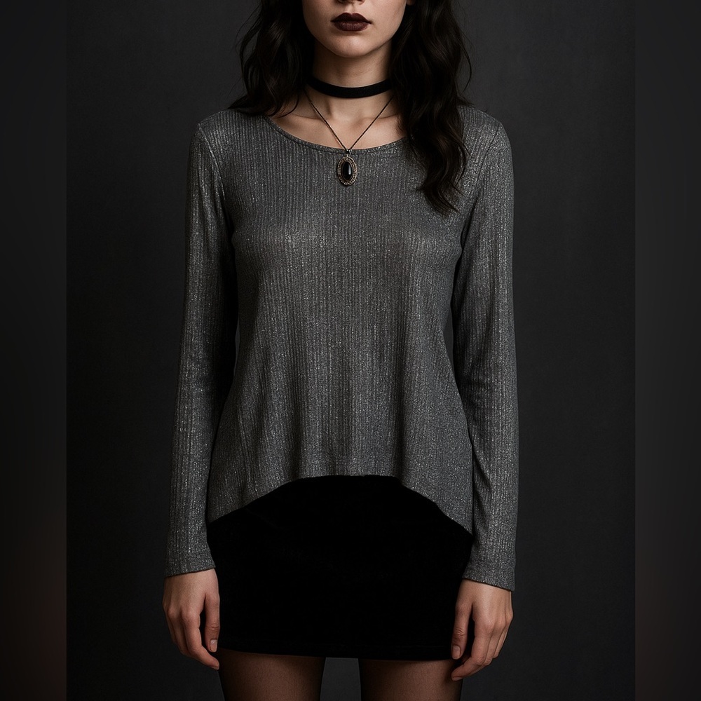 ZARA Silver Slinky Long Sleeve Top – Shimmer Metallic Knit – Dark Whimsygoth S